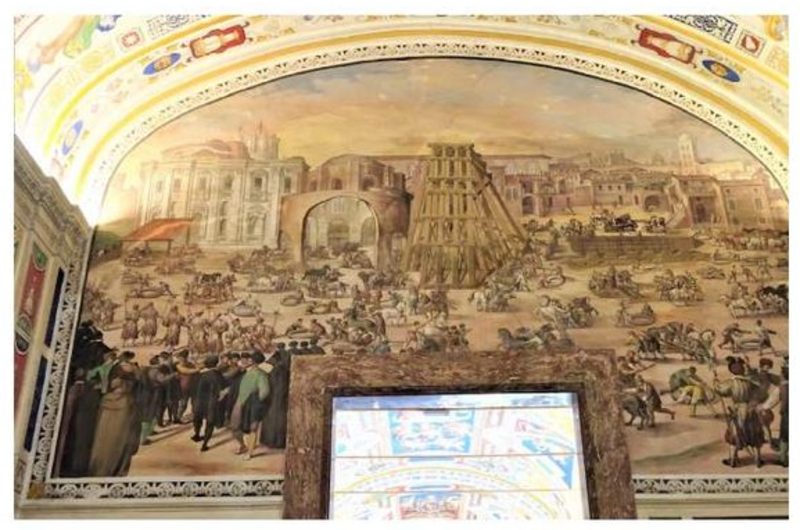 De Vaticaanse obelisk: middeleeuwen en renaissance obelisk fresco bijgesneden