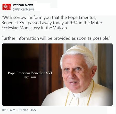 Paus emeritus Benedictus XVI (95) overleden in Vaticaanstad ratzinger